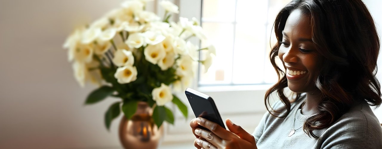 Person with flowers and phone